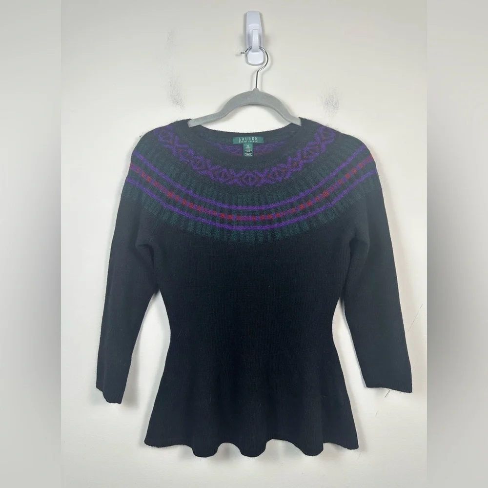 Lauren Ralph Lauren Peplum Sweater Women XS Black NWT‎ Nordic Fair Isle Mohair